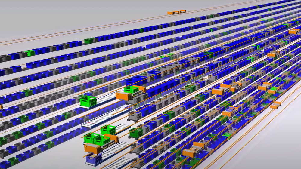 Simulation model of a robotic warehouse with storage aisles, robots and pick stations