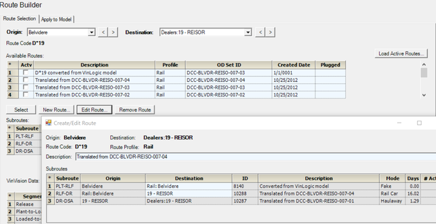 VINLogic route builder screen, where analysts edit standard and alternate rail and truck routes for new vehicles